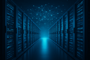 Rows of server racks in a high-tech data center corridor
