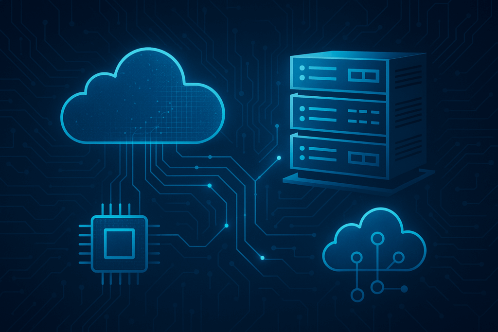 Conceptual cloud computing illustration with cloud icons and servers